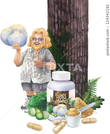 A bearded watercolor man in a Hawaiian shirt holds a large Lion's Mane mushroom, supplement bottles nearby 124342192