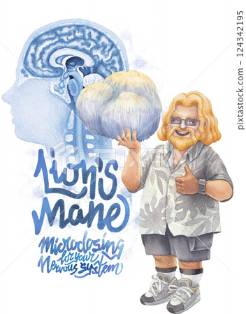 Watercolor man holds a Lion's Mane mushroom with a human brains with nervous system behind Watercolor man holds a Lion's Mane mushroom with a human brains with nervous system behind 124342195