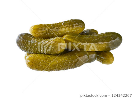 Heap of marinated gherkins isolated on a white background. 124342267
