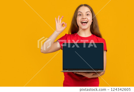 cheerful girl with laptop on yellow background cheerful girl with laptop on yellow background 124342605