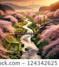 Cherry blossoms along a rural river 124342625