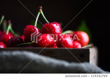 Just washed cherries with water drops close up 124342769
