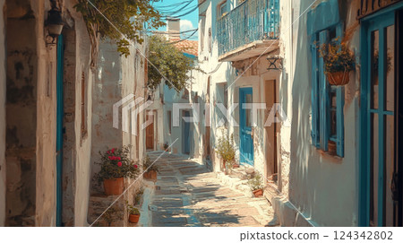 A quiet backstreet scene filled with Mediterranean charm 124342802