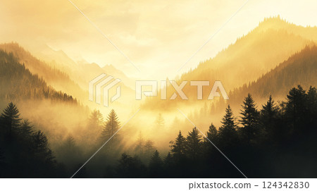 晨霧籠罩的神秘山景 124342830