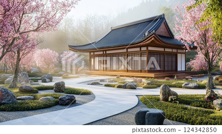傳統木製建築，周圍環繞著日式花園和櫻花 124342850