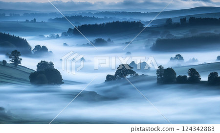 晨霧籠罩著美麗的丘陵景觀 124342883