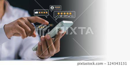 Customer review satisfaction feedback survey concept, Customer can evaluate quality of service leading to reputation ranking of business, Service quality, Work efficiency, Quality assurance 5 stars 124343131