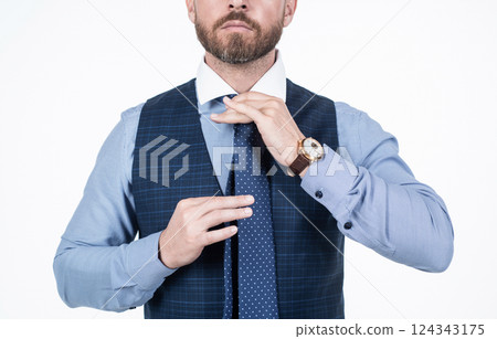 cropped man businessman tie necktie isolated on white, fashion accessory cropped man businessman tie necktie isolated on white, fashion accessory 124343175