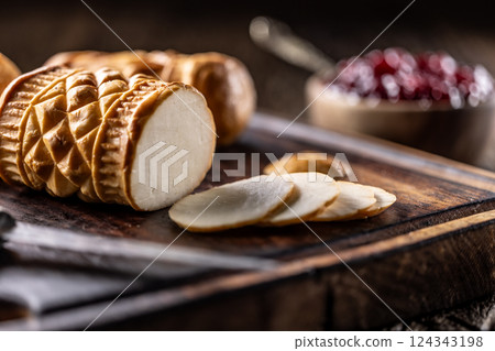 Oscypki - Traditional salty smoked cheese made from sheep's milk from the Polish region of Zakopane under the High Tatras 124343198