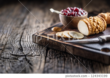 Oscypki - Traditional salty smoked cheese made from sheep's milk from the Polish region of Zakopane under the High Tatras 124343199