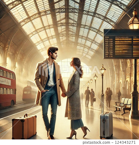 Platform/Light/Mist/Young man and woman/Suitcase/Scene Fantasy illustration AI production 124343271