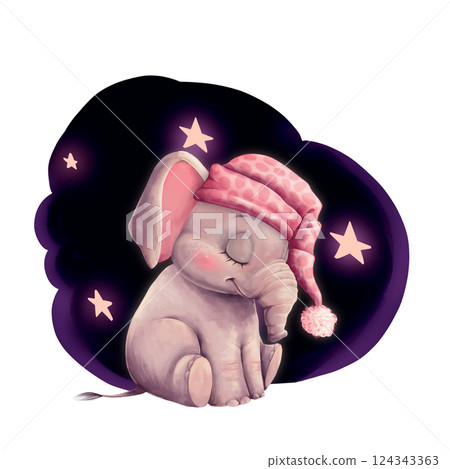 Cute little sleeping elephant with a sleeping cap, hand-drawn animal illustration 124343363