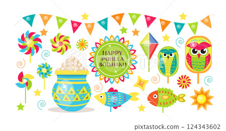 A traditional Pohela Boishakh vector set with cultural symbols, colorful decorations, and festive elements. Great for Bengali New Year posters and designs 124343602