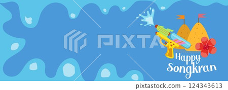 A colorful Songkran festival poster in cartoon style with water splashes, temple, and traditional elements. Great for banners, ads, and event promotions 124343613