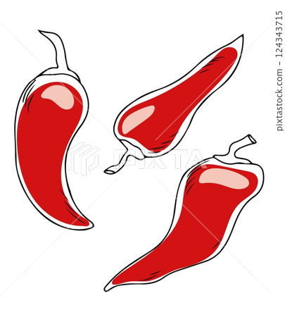 Vector hand drawn doodle of three chili peppers isolated on white background Vector hand drawn doodle of three chili peppers isolated on white background 124343715