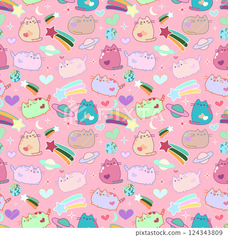 Kittens, cats, planets, moon, camels, stars, space background, seamless pattern, print, wrapping paper, fabric, textile, web design, poster, postcard, cover, children's wallpaper, children's pajamas, Kittens, cats, planets, moon, camels, stars, space background, seamless pattern, print, wrapping paper, fabric, textile, web design, poster, postcard, cover, children's wallpaper, children's pajamas, 124343809
