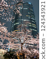 Roppongi Hills Mori Tower and cherry blossoms at night 124343921