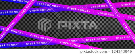 Cyber Monday gradient tape banner. Neon futuristic warning stripe with glowing text on transparent background. Promo design for online sales, digital ads. Vector illustration 124343949