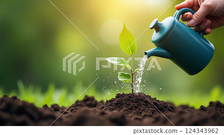 seed and planting concept with Male hand watering young tree on ground over green background. seed and planting concept with Male hand watering young tree on ground over green background. 124343962