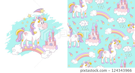 Illustration and seamless pattern with unicorn vector art 124343966