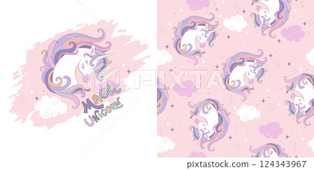 Illustration and seamless pattern with unicorn vector 124343967