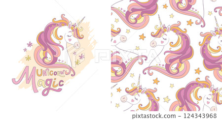 Character and seamless pattern with unicorn vector illustration 124343968