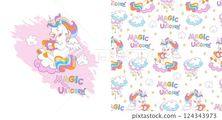 Unicorn character and seamless pattern vector illustration Unicorn character and seamless pattern vector illustration 124343973