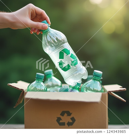 Recycle reduce reuse in zero waste concept. Hand holding plastic bottle put in a box recycling to assortment management for sustainable environment. 124343985