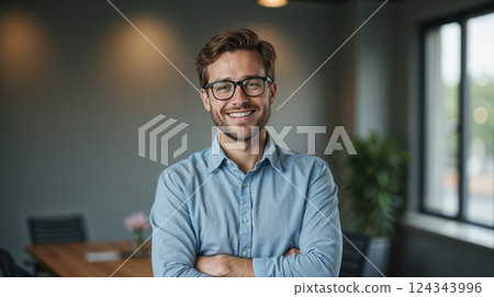 Portrait, business and man with arms crossed, glasses and happiness with startup, smile or confidence. 124343996