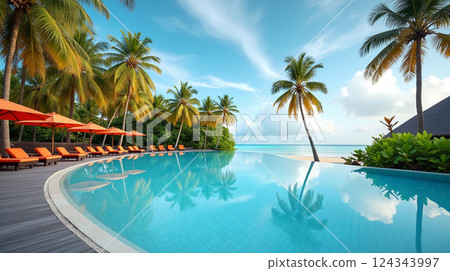 Stunning landscape, swimming pool blue sky with clouds. Tropical resort hotel in Maldives. 124343997