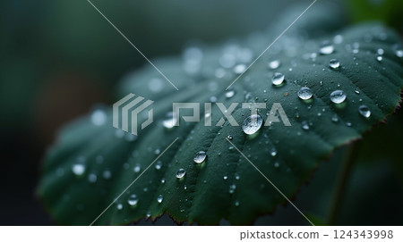A close-up of a leaf with dew drops sparkling on the surface. The background is blurred, creating a soft green atmosphere that emphasizes freshness and natural beauty. 124343998