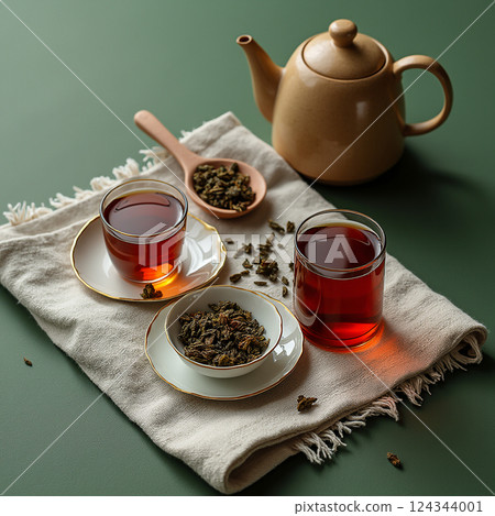 Tea set on linen cloth, tea cups with dried tea leave and teapot on green background 124344001