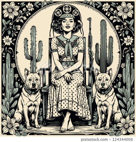 Northeastern Brazil folklore person. Woman from Cangaco with two dogs inspired by Maria Bonita. Vector vintage illustration in floral frame Northeastern Brazil folklore person. Woman from Cangaco with two dogs inspired by Maria Bonita. Vector vintage illustration in floral frame 124344008