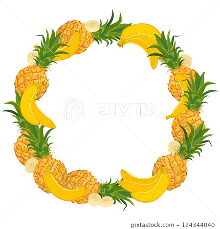 Tropical round frame with bananas and pineapples. Vector wreath with tropical fruits. Beach party template with text place. 124344040