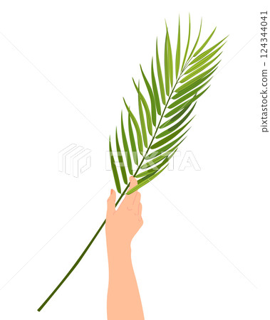Palm Sunday celebration. Hand raised with palm branche on white background. Concept of unity of Christian faith. Vector postcard. Cartoon. 124344041