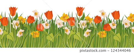 Vector seamless pattern with spring flowers and green grass. Red tulips, yellow and white daffodils on the meadow. Banner with plants at the bottom and space for text. Vector seamless pattern with spring flowers and green grass. Red tulips, yellow and white daffodils on the meadow. Banner with plants at the bottom and space for text. 124344046