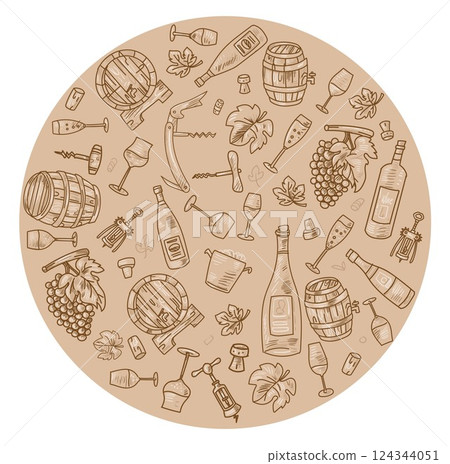 Round wine elements hand drawn, doodle and vector illustration icons set 124344051