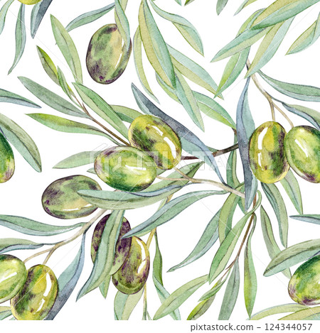 Watercolor seamless pattern of olive branches. Retro style background. 124344057