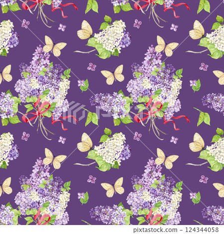 Seamless background with white and purple lilacs wrapped in pink silk ribbons. Watercolor spring flowers in botanical style. Hand drawing for printing on fabric, wrapping paper. Seamless background with white and purple lilacs wrapped in pink silk ribbons. Watercolor spring flowers in botanical style. Hand drawing for printing on fabric, wrapping paper. 124344058