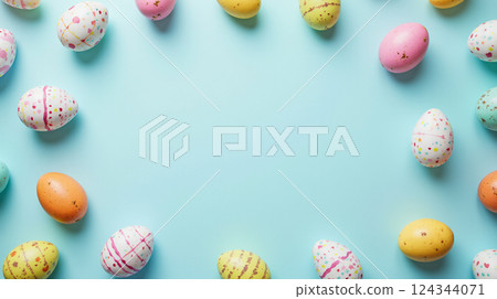 Colorful pattern composition of multicolored Easter eggs on light blue background. Minimal Easter concept. Creative festive spring holiday background. Easter aesthetics. 124344071