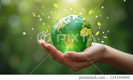 Hand of human holding green earth with the icon of Environment for ESG, co2, and net zero.World sustainable environment, save clean planet 124344090