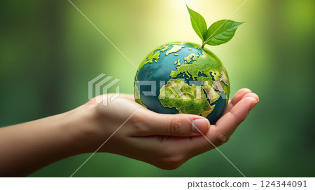 Hand of human holding green earth with the icon of Environment for ESG, co2, and net zero.World sustainable environment, save clean planet Hand of human holding green earth with the icon of Environment for ESG, co2, and net zero.World sustainable environment, save clean planet 124344091