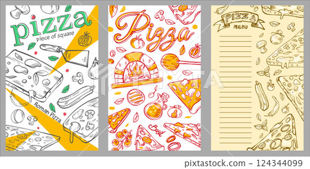 flyer vector hand drawn Pizzeria banners vertical. set collection 124344099