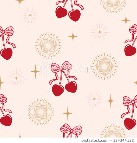 Cute coquette cherry ribbon seamless pattern Cute coquette cherry ribbon seamless pattern 124344188
