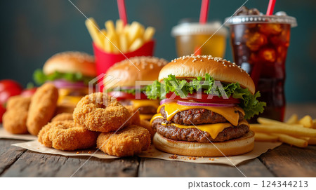 Fast food delivery menu background with various burgers, cheeseburger, nuggets, french fries, fizzy soda drinks. Fast food delivery menu background with various burgers, cheeseburger, nuggets, french fries, fizzy soda drinks. 124344213
