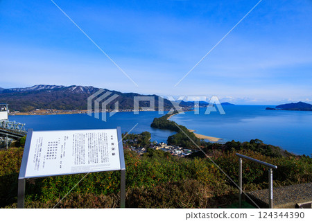 Explanation board and the view from Amanohashidate View Land Explanation board and the view from Amanohashidate View Land 124344390