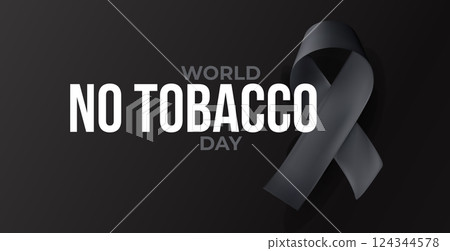 Gray awareness ribbon with World No Tobacco Day message on dark background. Powerful anti-smoking visual for health risks, life-saving awareness. Glossy 3D style vector illustration 124344578