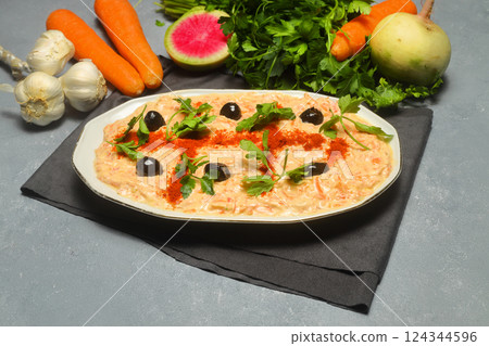 Carrot Tarator in Ceramic Plate. Traditional Appetizer. Ready to Eat and Serve. Carrot Tarator in Ceramic Plate. Traditional Appetizer. Ready to Eat and Serve. 124344596