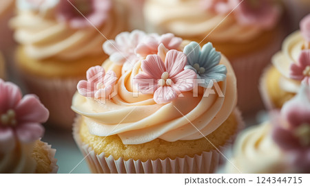 Vanilla Cupcake with Pastel Flower Icing Decoration 124344715
