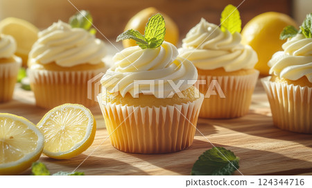 Lemon Cupcakes with Cream Frosting and Mint Leaves 124344716